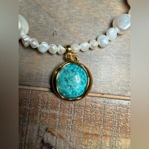 Freshwater Pearl Necklace with Gold Turquoise Pendant
